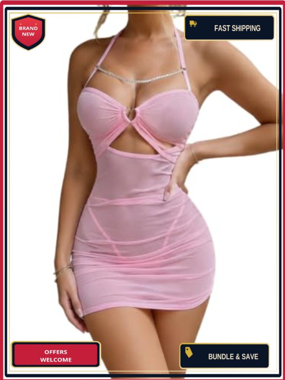 Women's Halter Mesh Cutout Bodycon Mini Lingerie Dress with Metal Chain